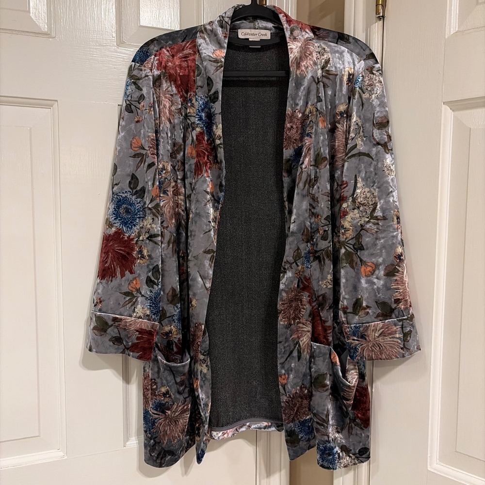 Coldwater Creek Womens Floral Velvet Kimono Cardigan Gray M Open Front Pockets